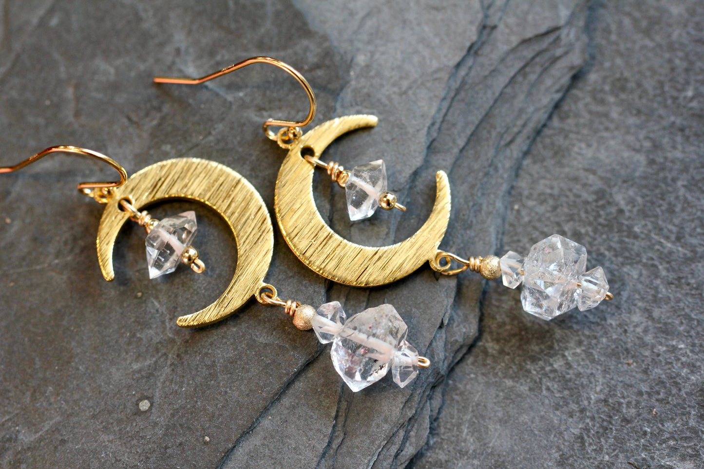 Brass Moon Quartz Crystal Moon Earrings