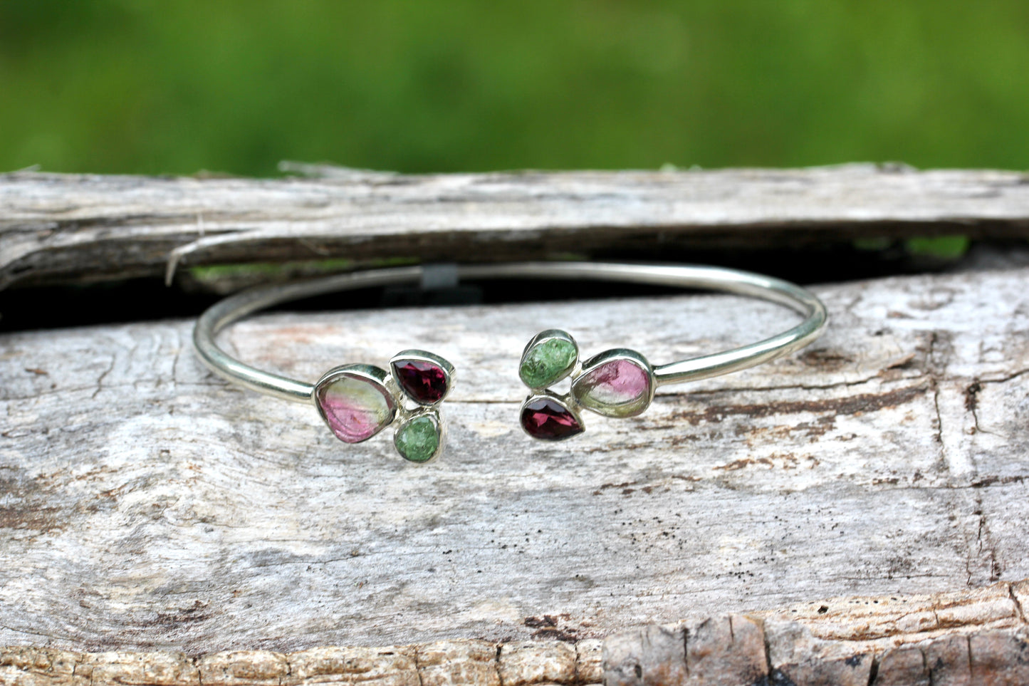 Watermelon Tourmaline Cluster Silver Bracelet