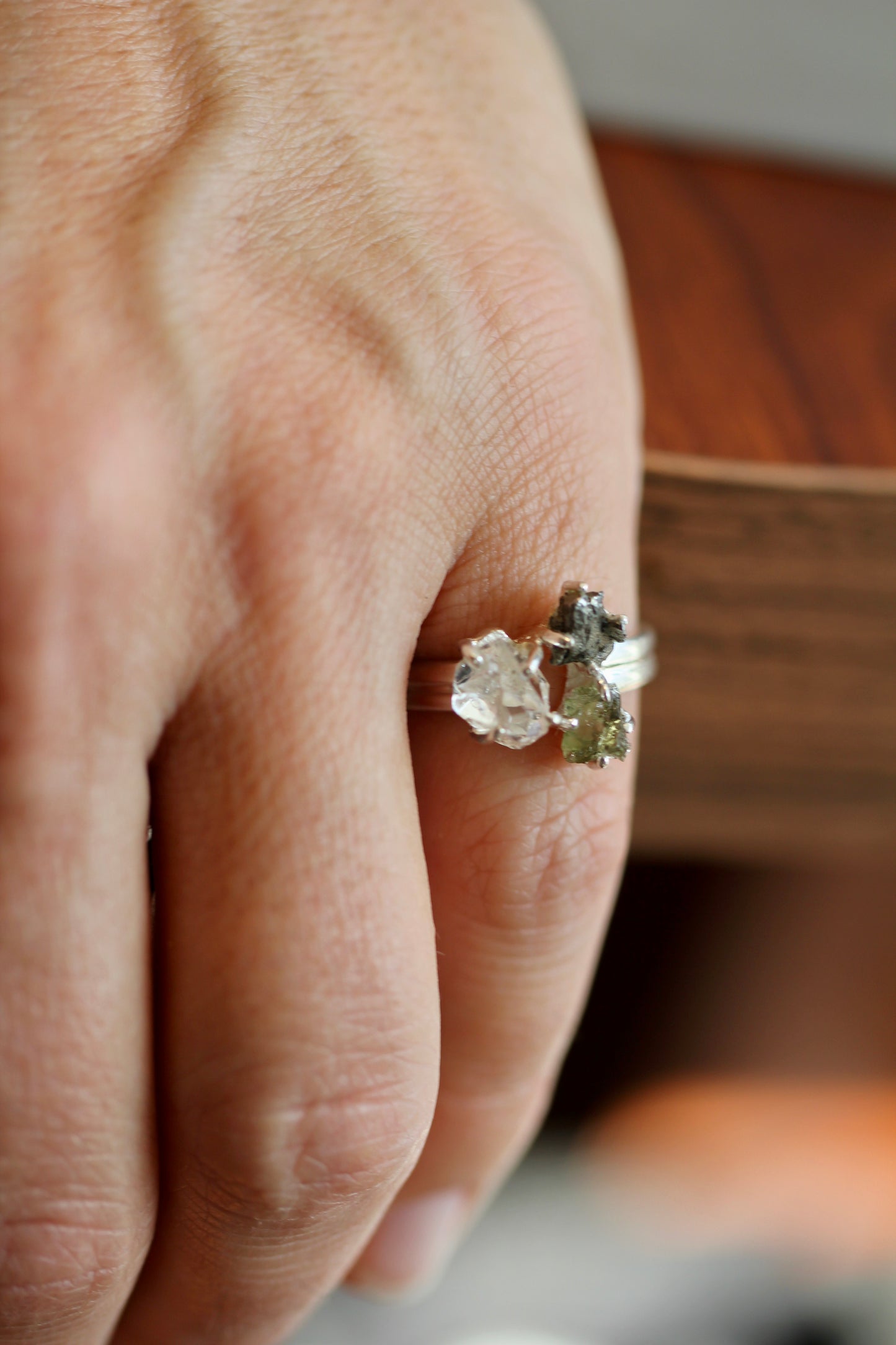Moldavite Pakimer Diamond Meteorite Ring