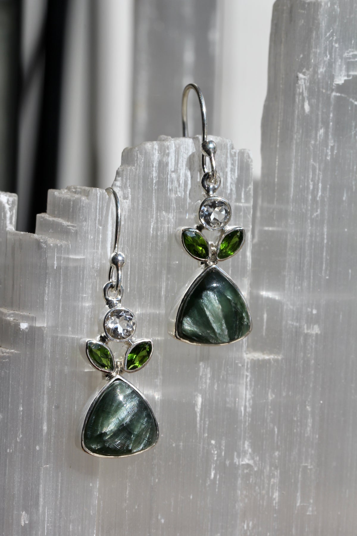 Seraphinite Diopside Topaz Tri Leaf Earrings
