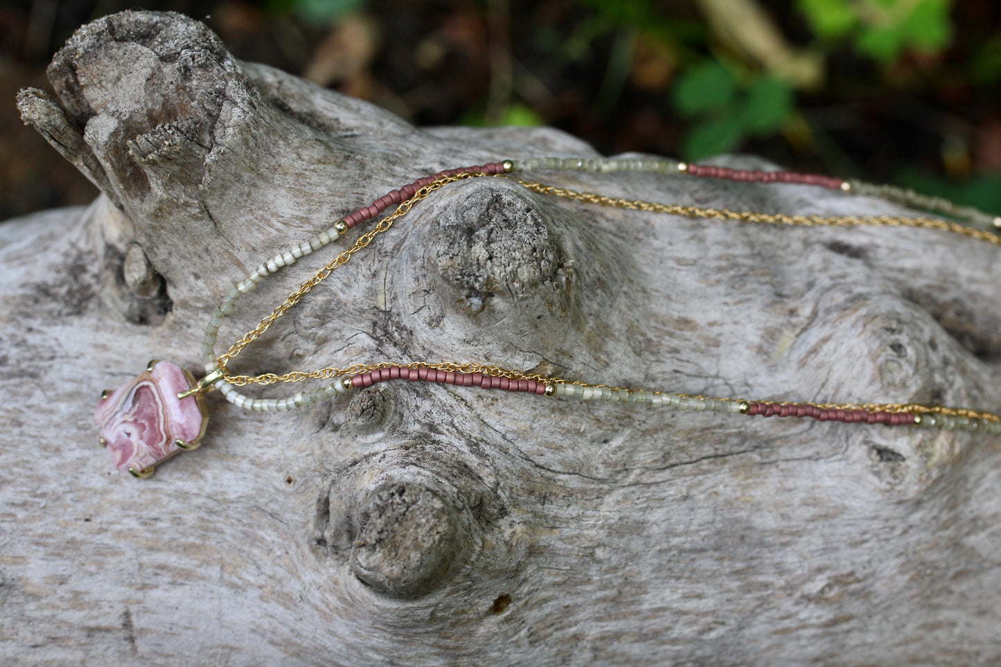 Rhodochrosite Delica Glass Bead Multi Strand Necklace