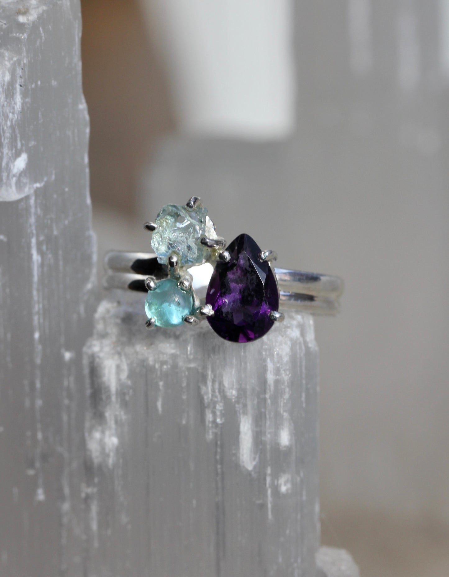 Amethyst Aquamarine Blue Apatite Ring