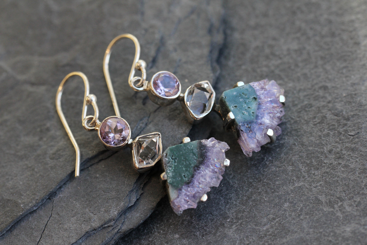 Amethyst Slice Herkimer Diamond Earrings