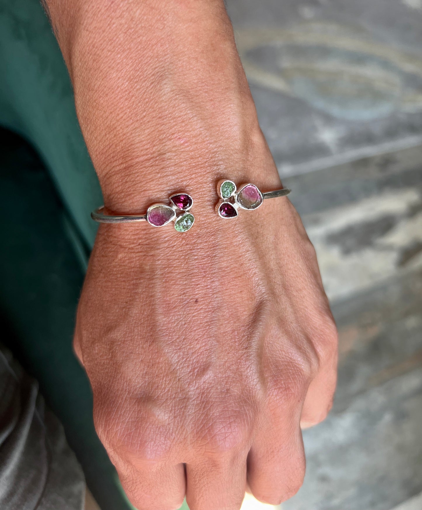 Watermelon Tourmaline Cluster Silver Bracelet