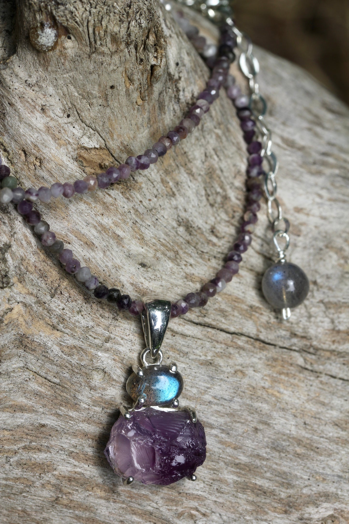 Rough Amethyst Labradorite Charoite Beaded Necklace