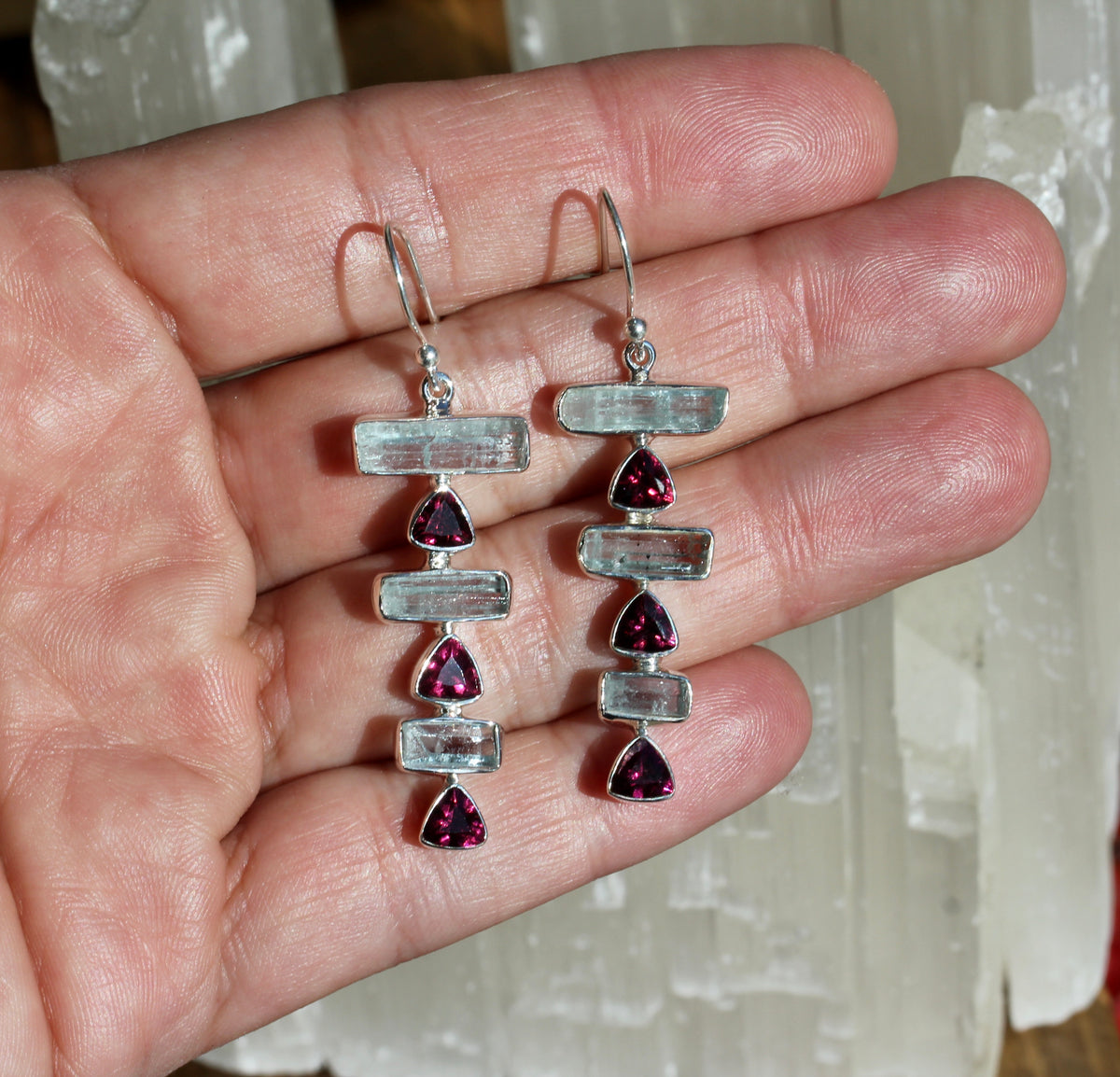 Aquamarine Crystal Garnet Stacked Earrings