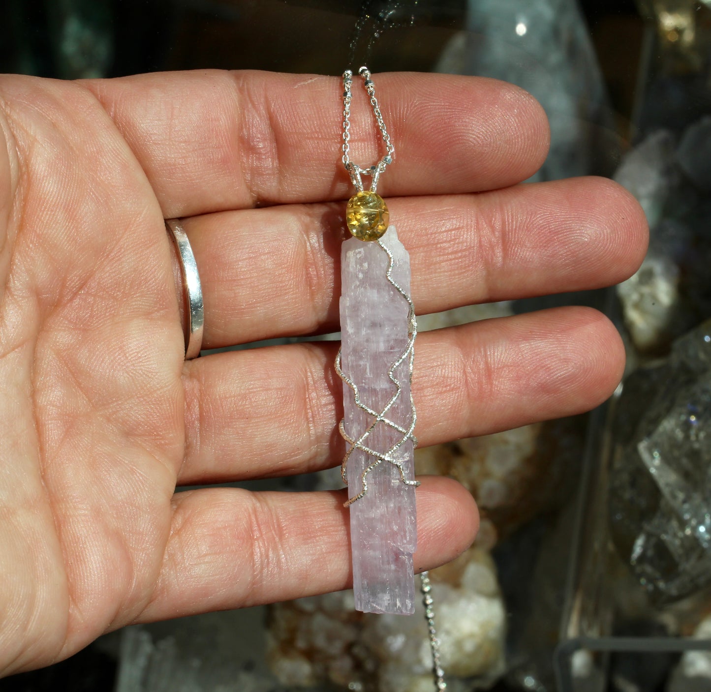 Long Kunzite Crystal Citrine Pendant
