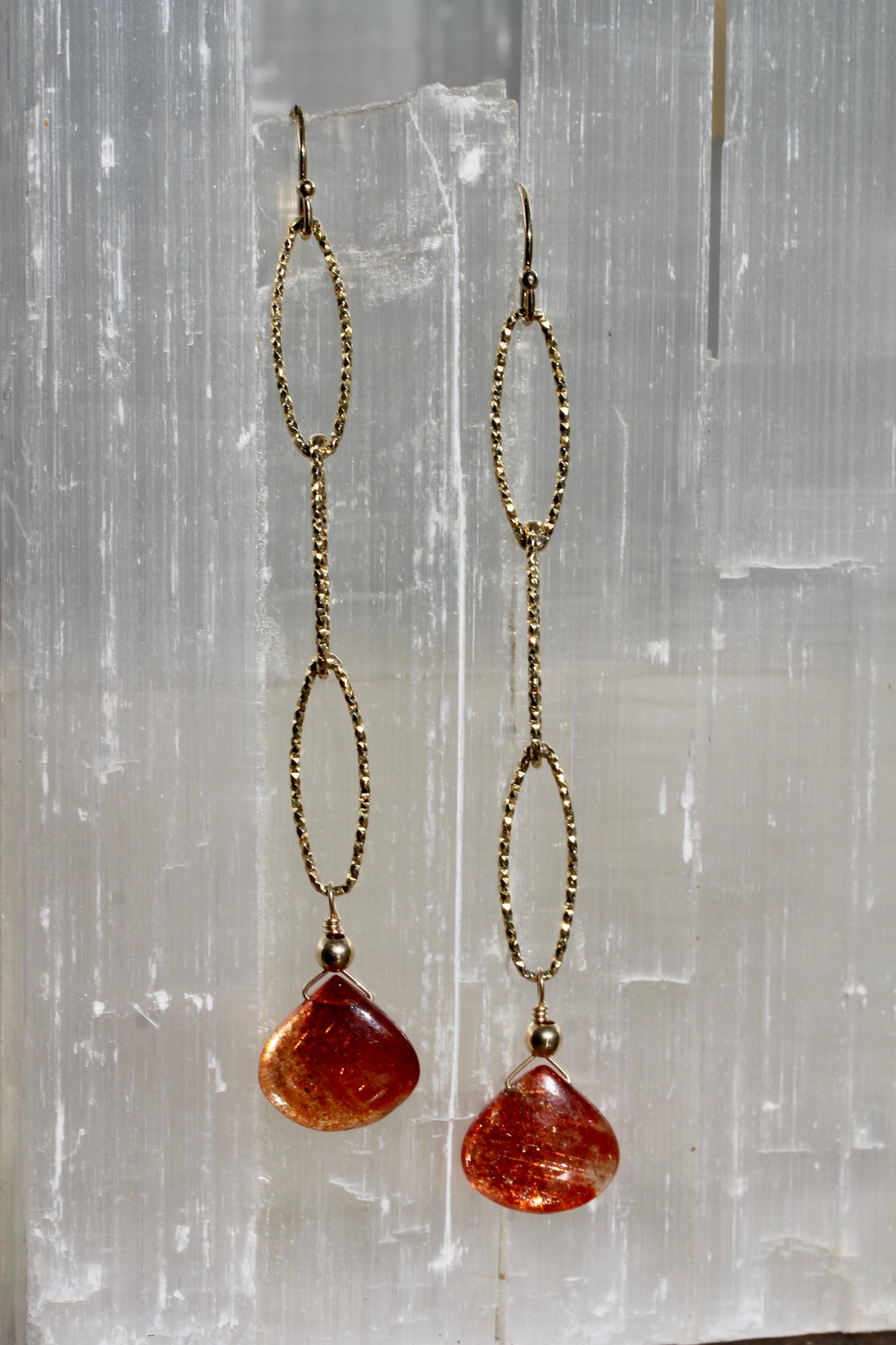 Sunstone Long Sparkle Chain Drop Earrings in Gold