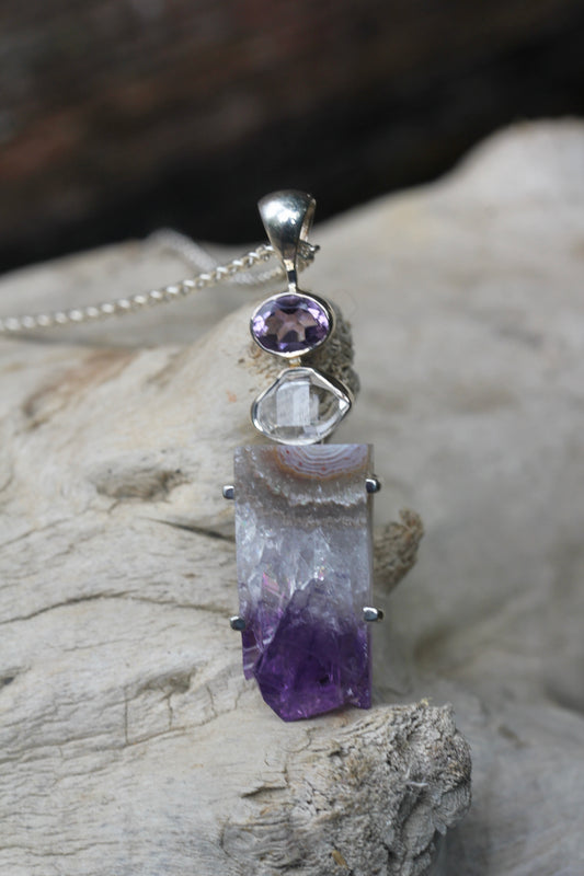 Amethyst Slice Herkimer Diamond Pendant