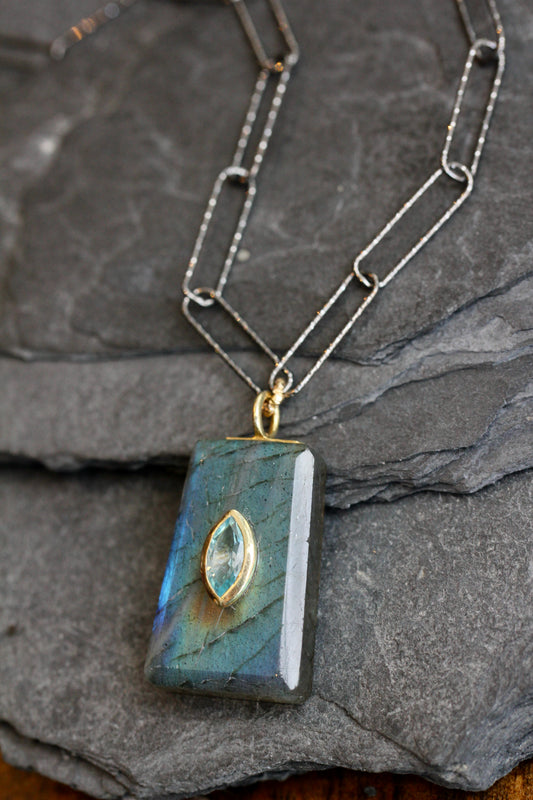 Labradorite Blue Topaz Encrusted Paperclip Chain Necklace