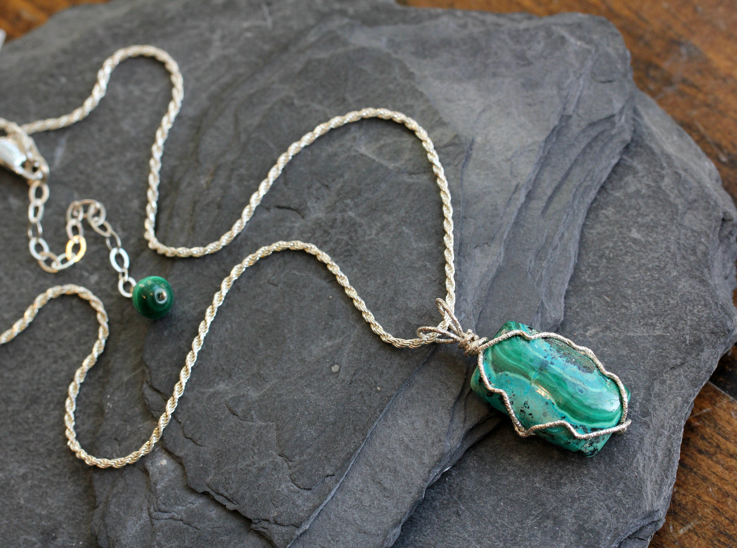Chrysocolla Malachite Silver Wrap Pendant