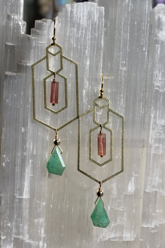 Emerald Tourmaline Window Frame Earrings