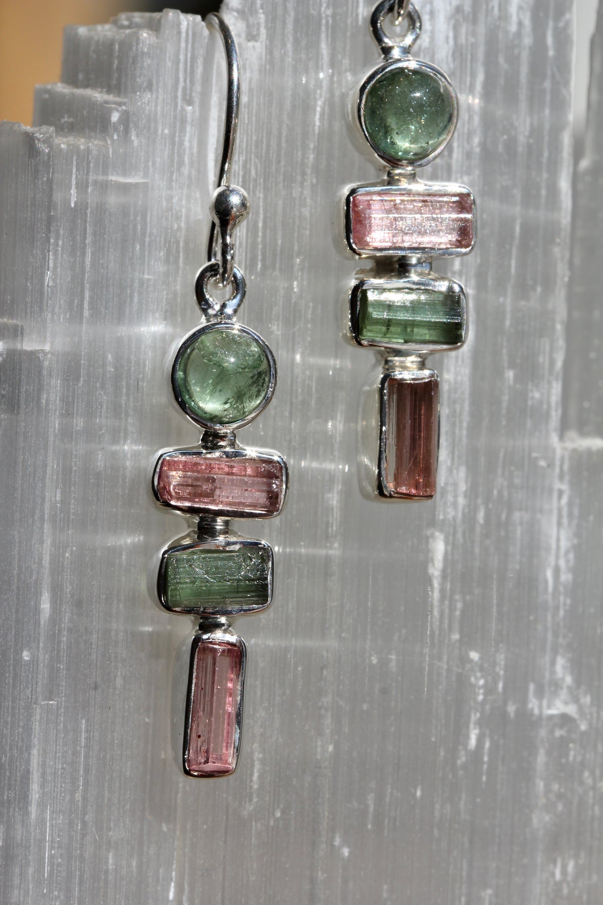 Pink and Green Tourmaline Crystal Earrings