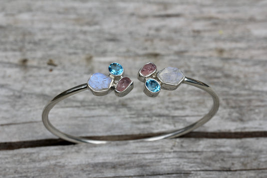 Rainbow Moonstone Blue Topaz Rose Quartz Silver Flex Bracelet