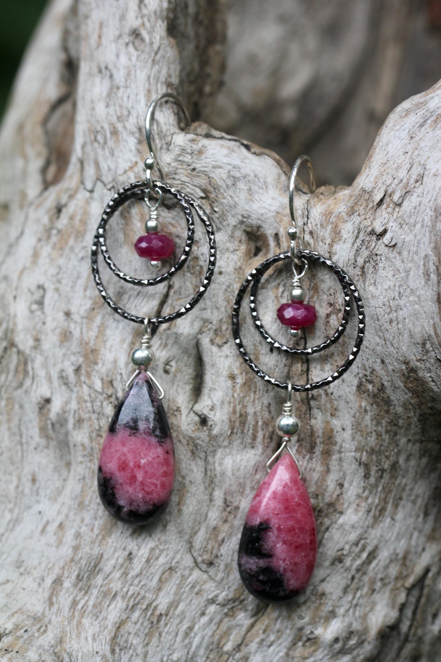 Rhodonite Ruby Oxidized Silver Double Ring Drop Earrings