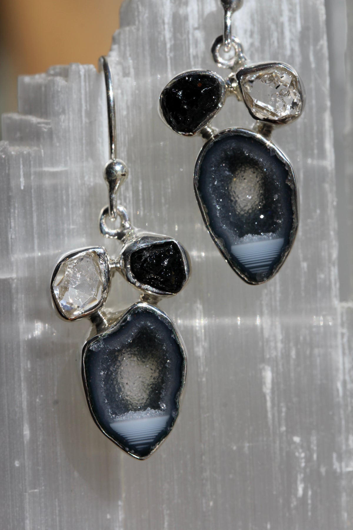 Geode Tourmaline Herkimer Earrings