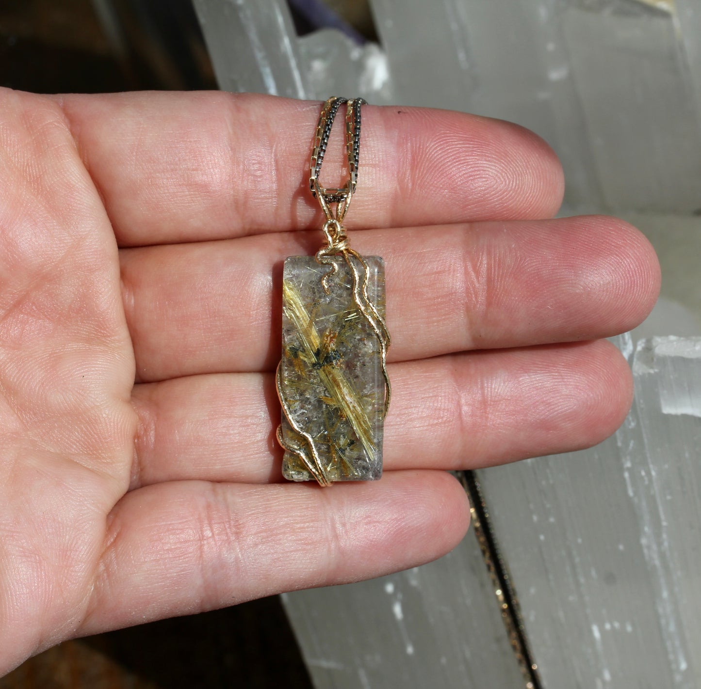 Rutilated Quartz Tile Gold Wrap Necklace
