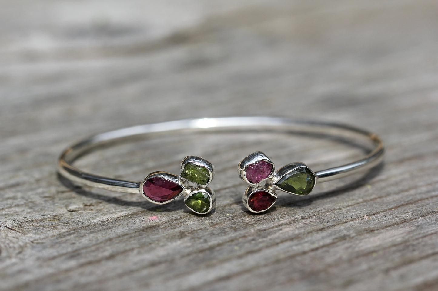 Pink and Green Tourmaline Cluster Silver Bracelet