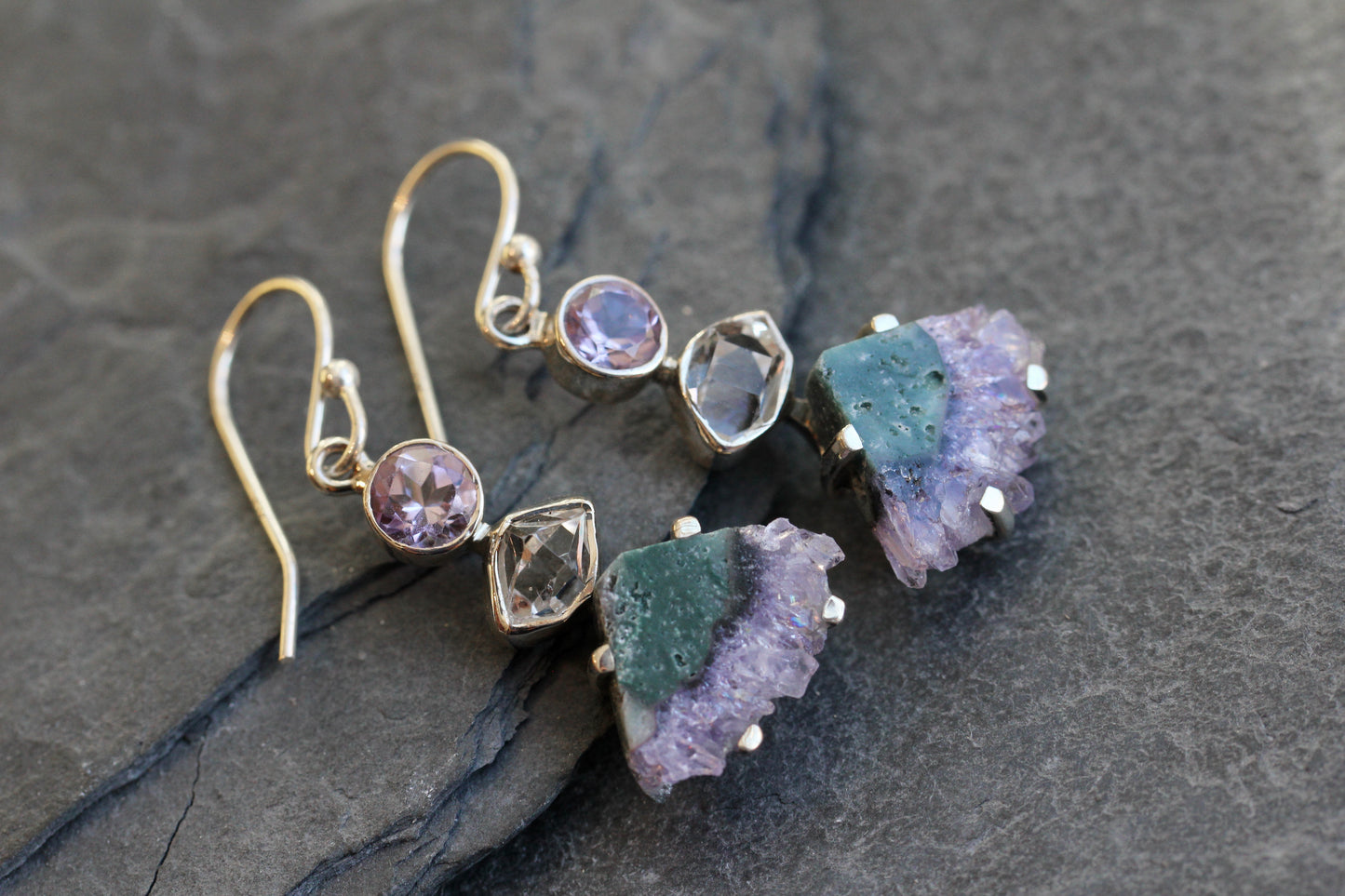 Amethyst Slice Herkimer Diamond Earrings