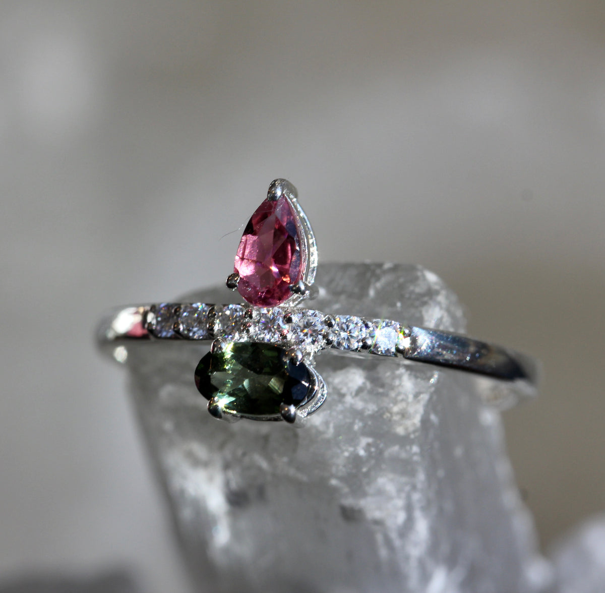 Pink and Green Tourmaline Moissanite Ring