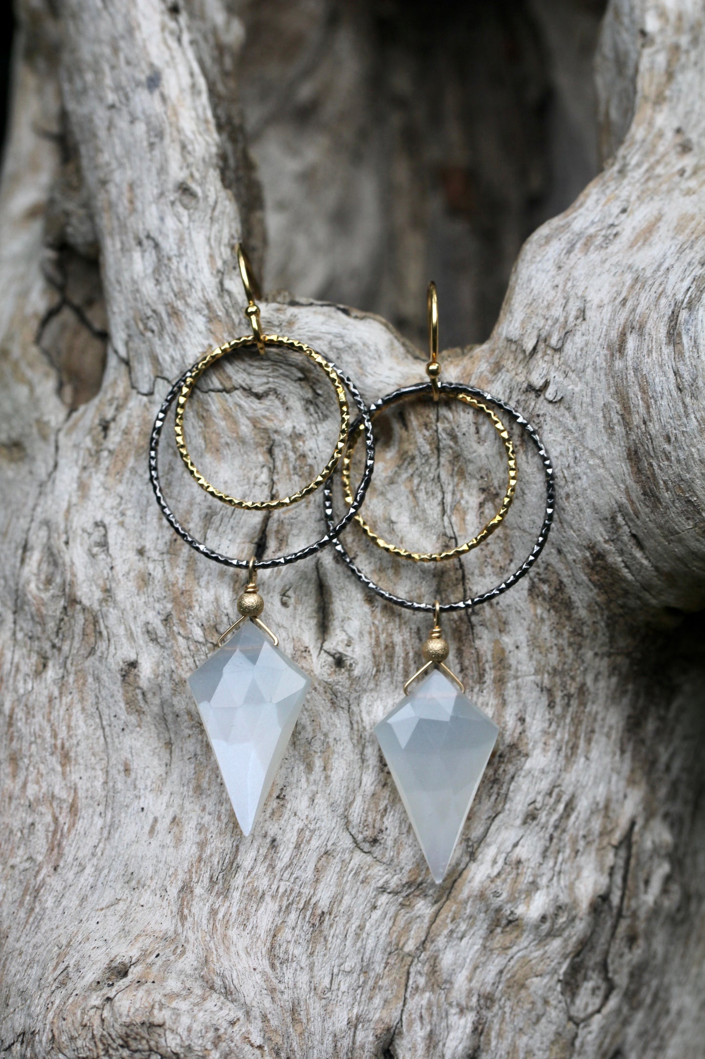 Moonstone Black and Gold Double Ring Drop Earrings