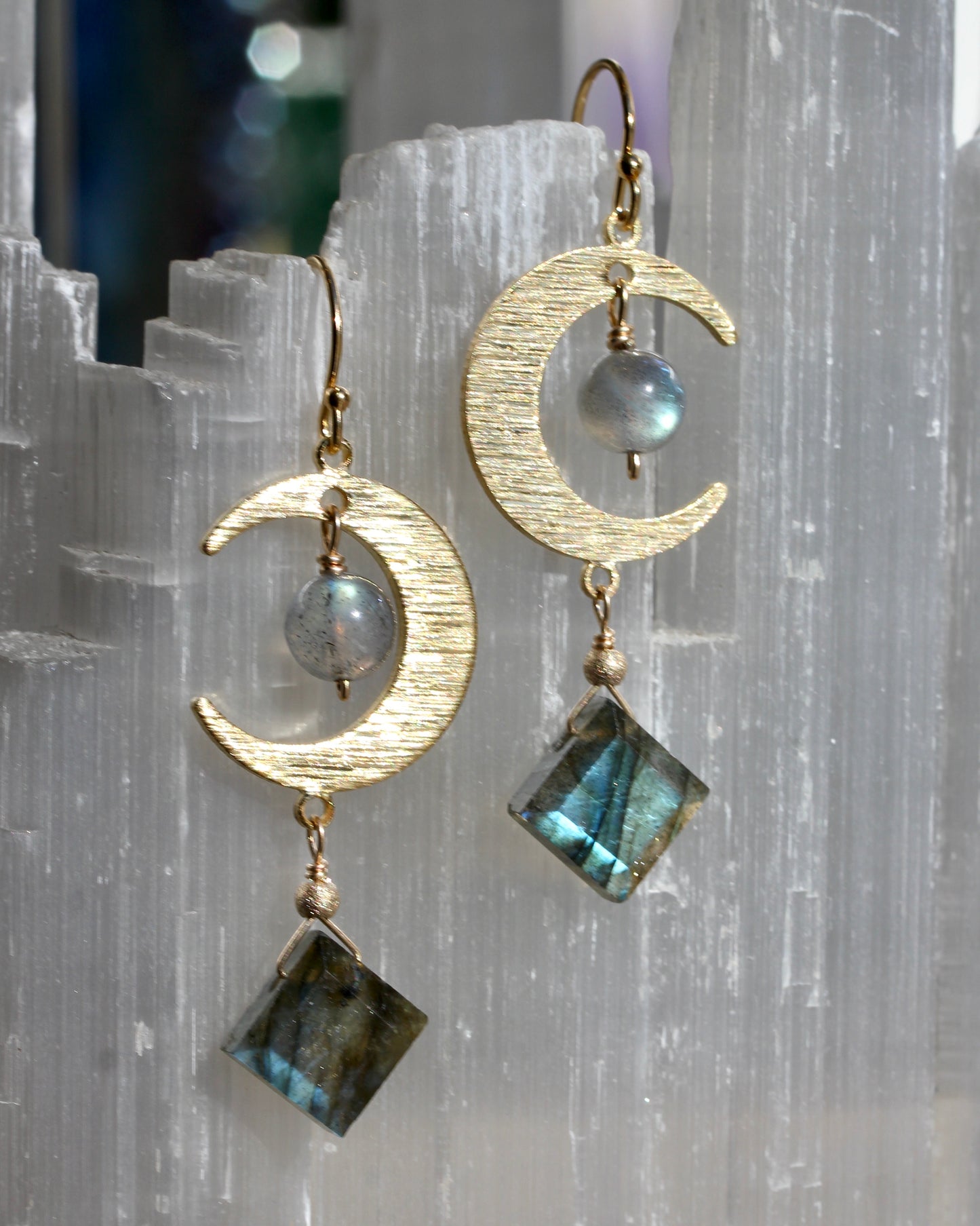Labradorite Brass Moon Earrings