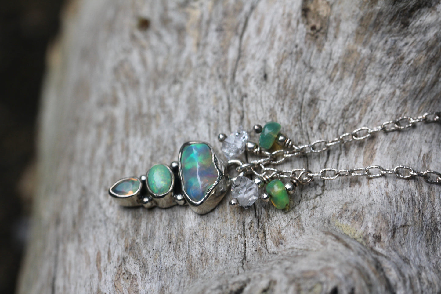 Ethiopian Opal Herkimer Diamond Droplet Silver Necklace