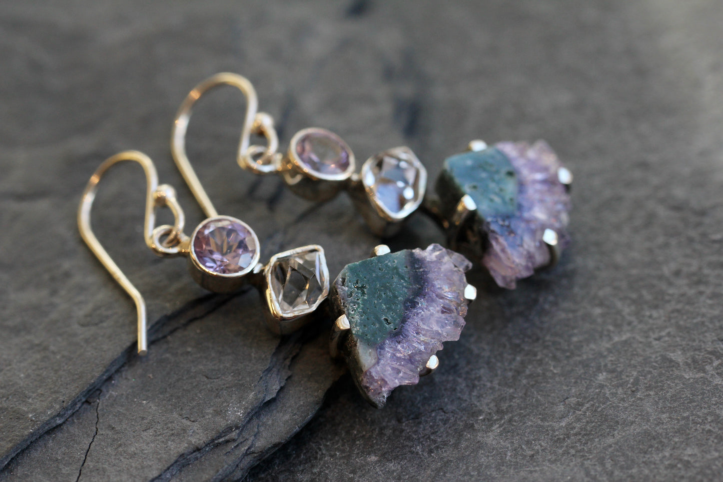 Amethyst Slice Herkimer Diamond Earrings