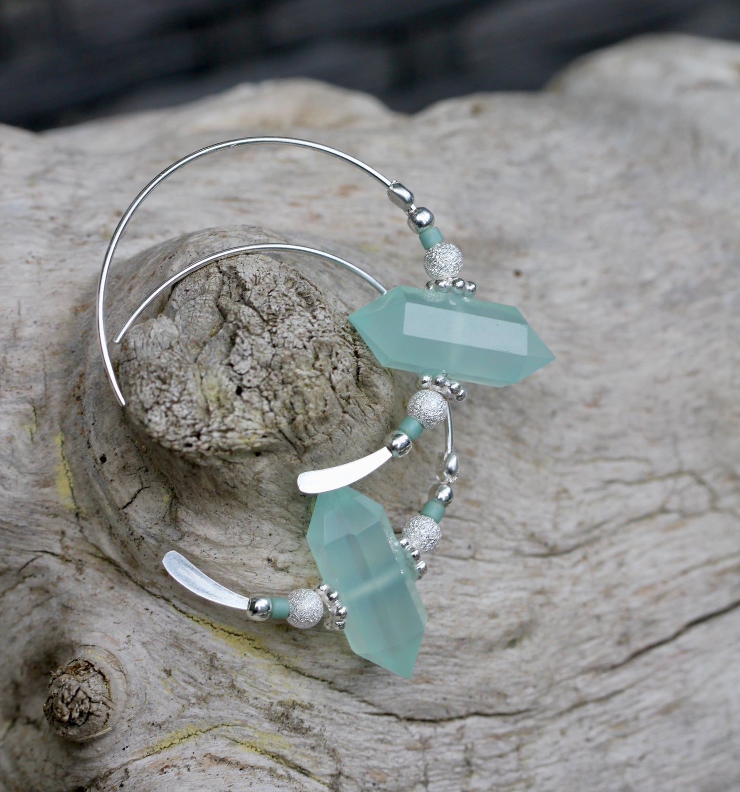 Aqua Chalcedony Crystal Point Hoops