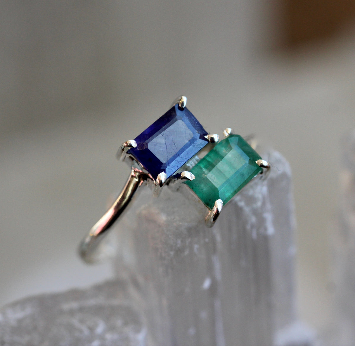 Sapphire Emerald Silver Ring