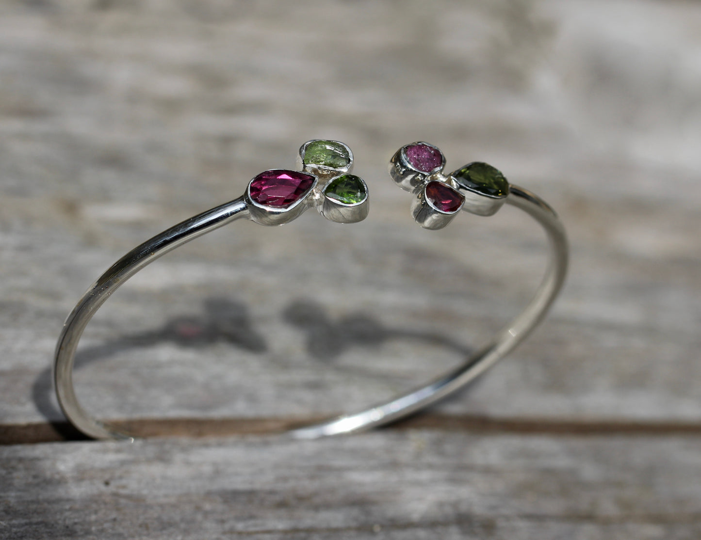 Pink and Green Tourmaline Cluster Silver Bracelet