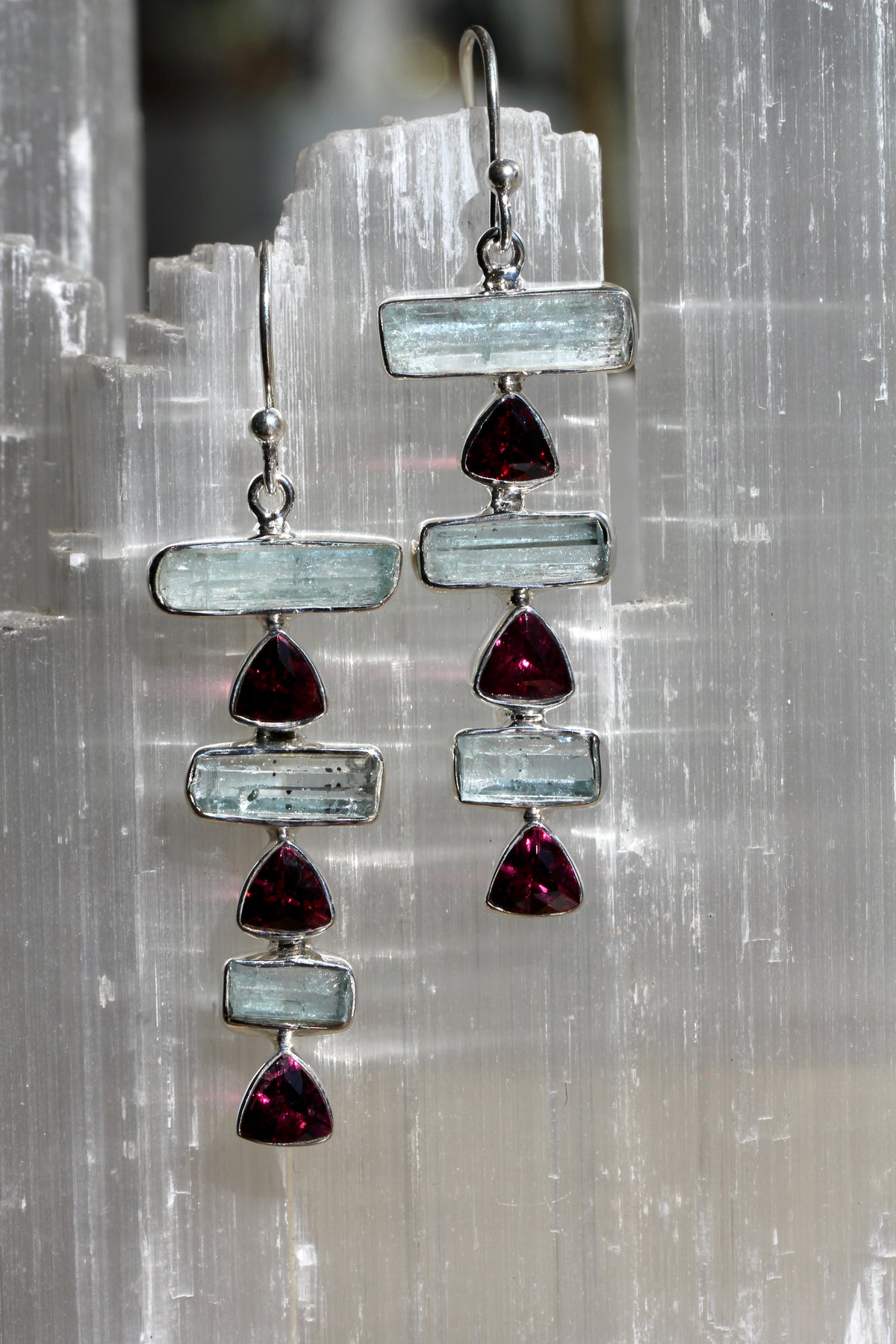 Aquamarine Crystal Garnet Stacked Earrings