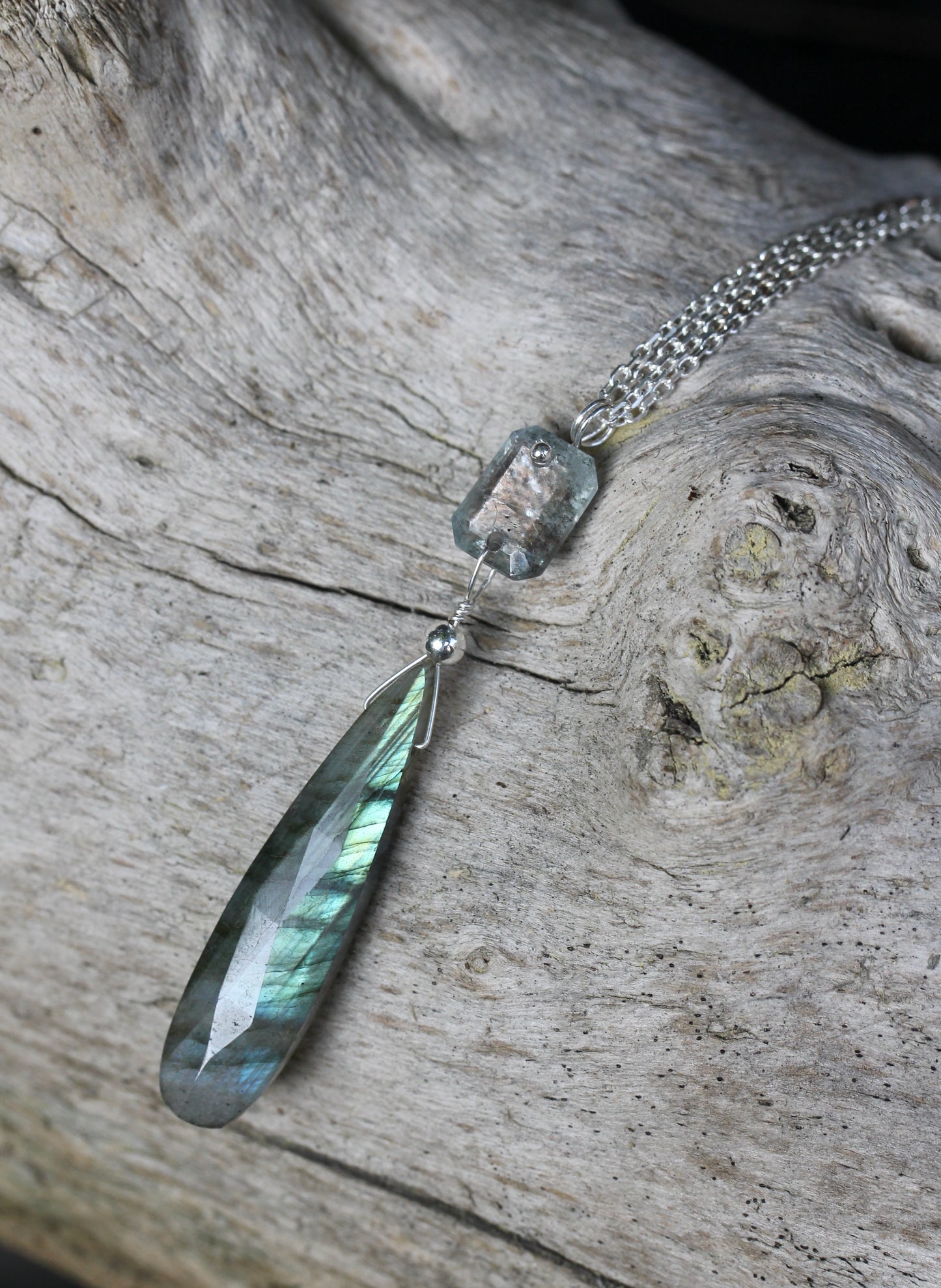 Labradorite Aquamarine Long Drop Necklace