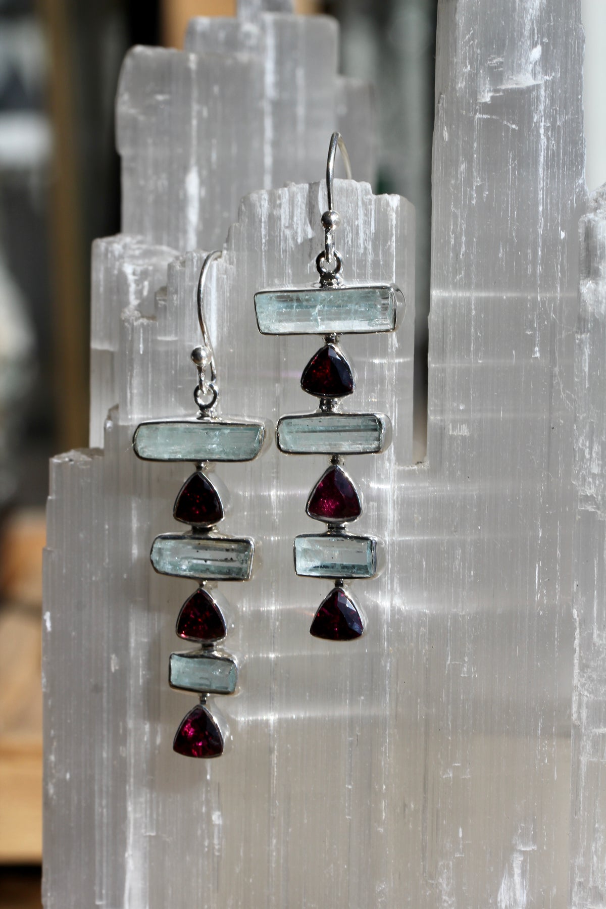 Aquamarine Crystal Garnet Stacked Earrings