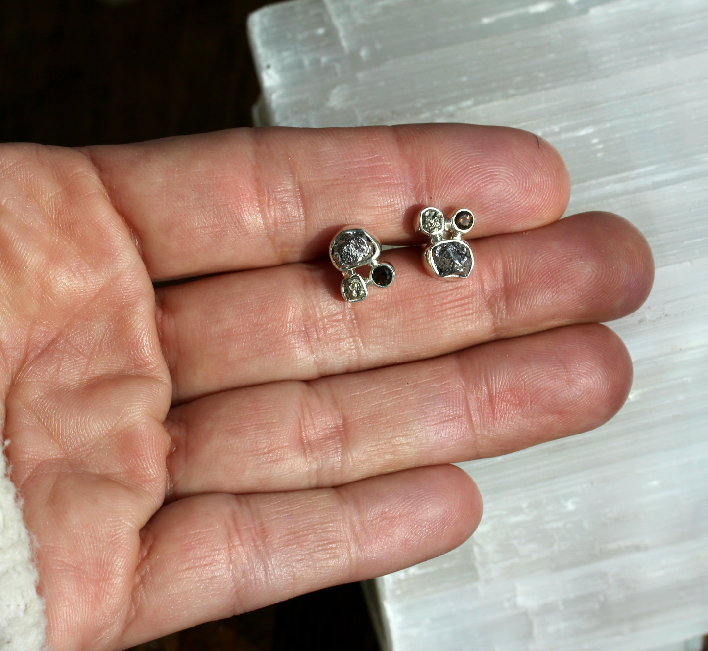 Meteortie Pyrite Smokey Stone Cluster Post Earrings