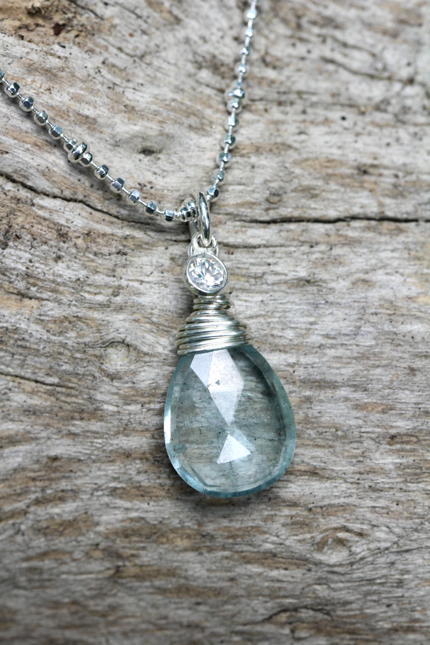 Aquamarine CZ Silver Teardrop Necklace