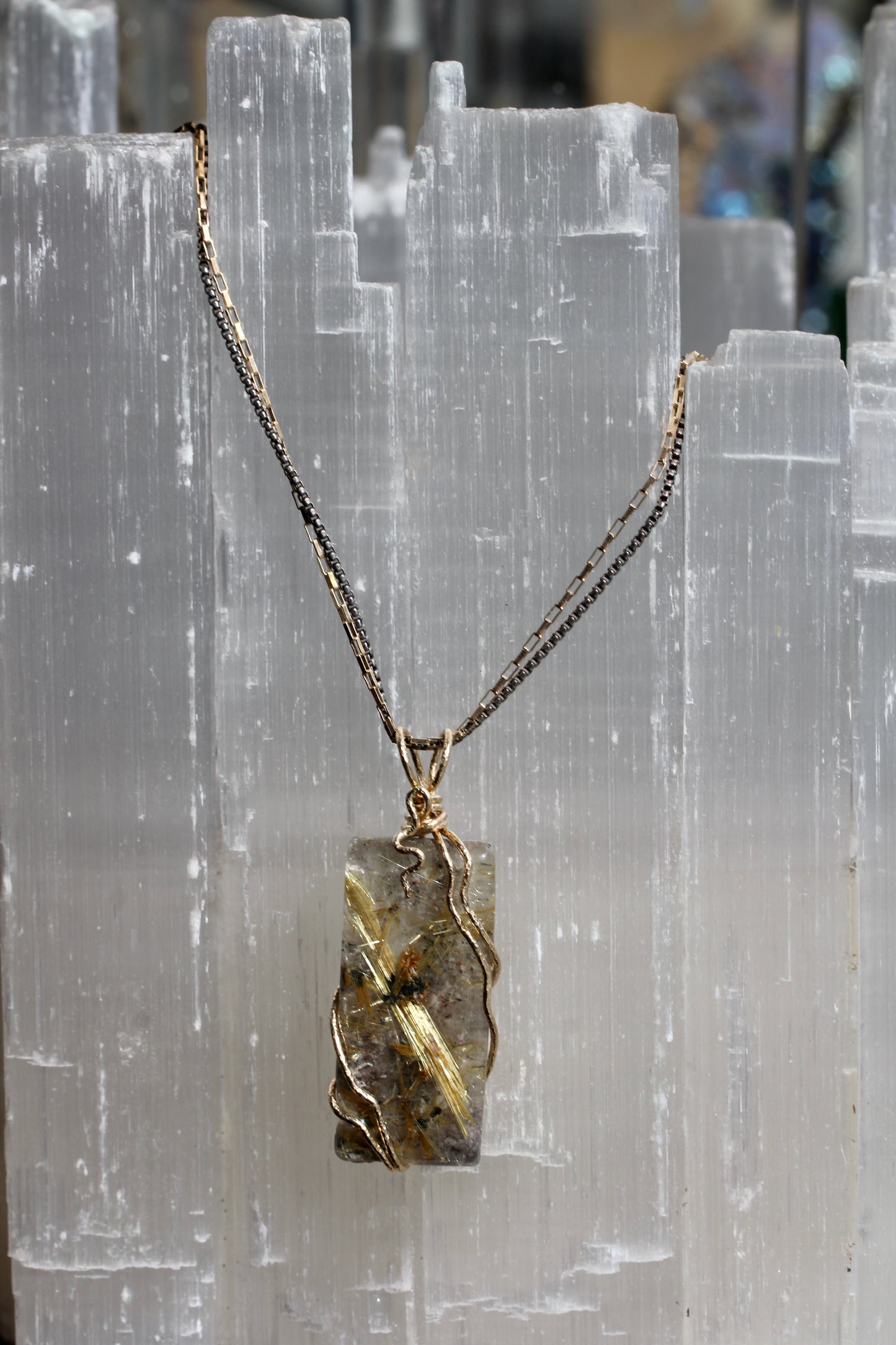 Rutilated Quartz Tile Gold Wrap Necklace