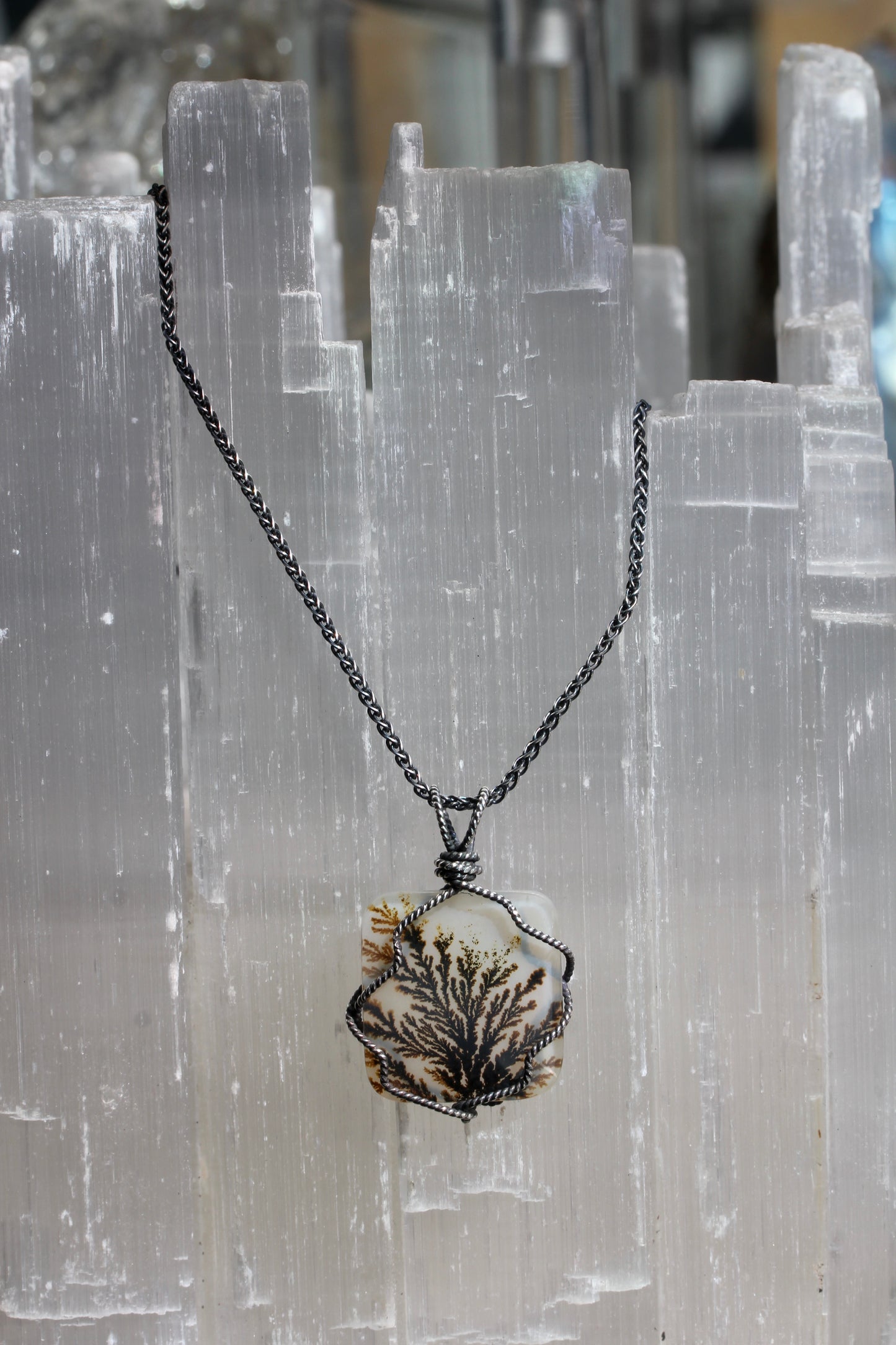 Dendritic Agate Silver Wrap Necklace