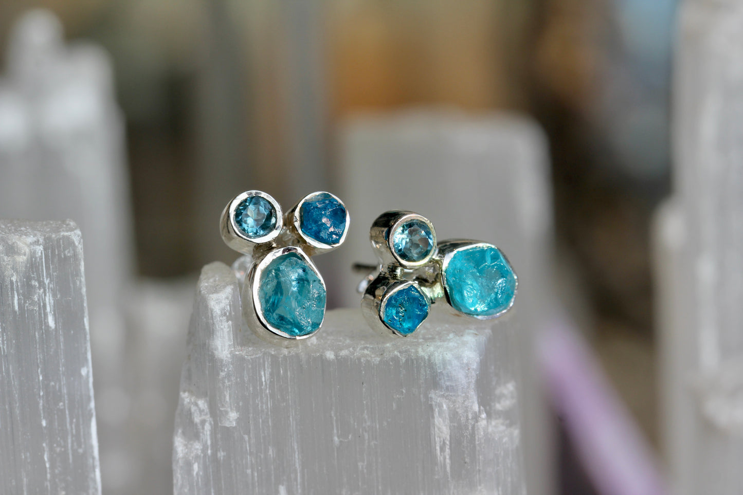 Blue Apatite Topaz Cluster Post Earrings