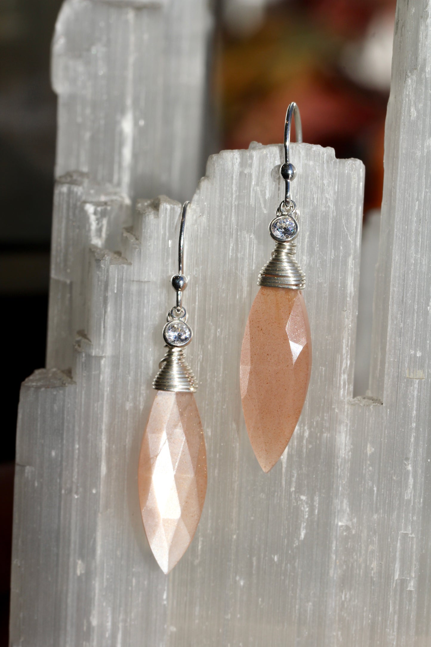 Peach Moonstone Marquis CZ Drop Earrings