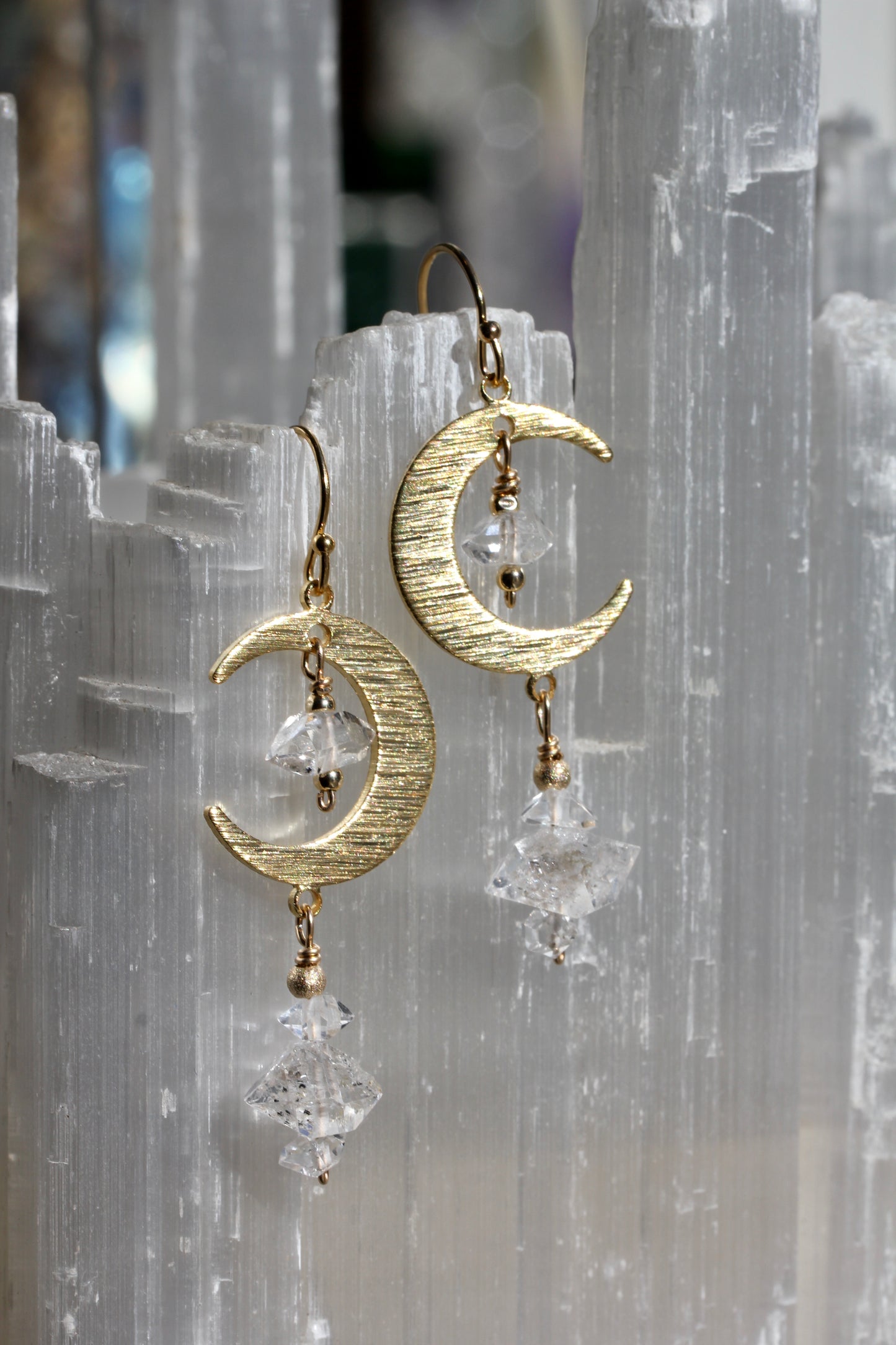 Brass Moon Quartz Crystal Moon Earrings