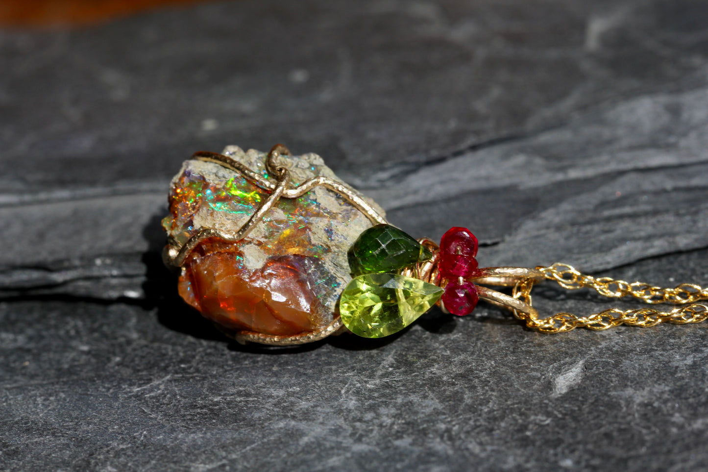 Rough Opal with Diopside, Peridot and Ruby Pendant
