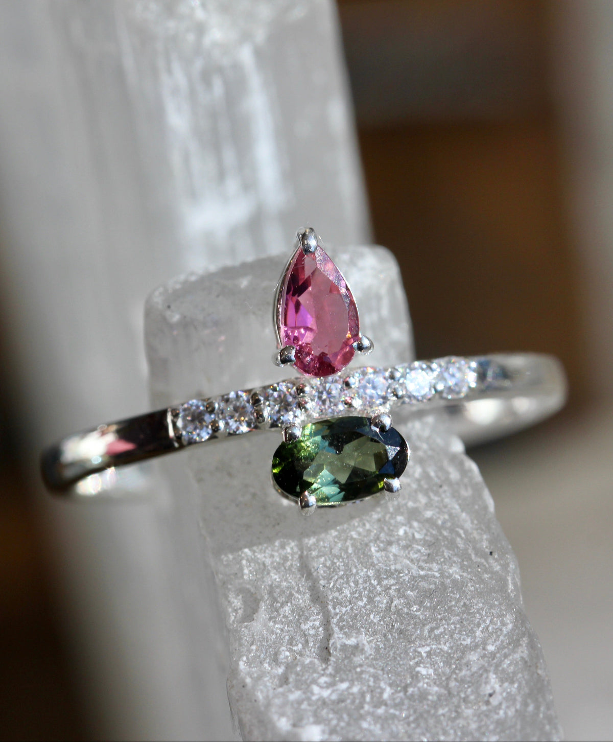 Pink and Green Tourmaline Moissanite Ring