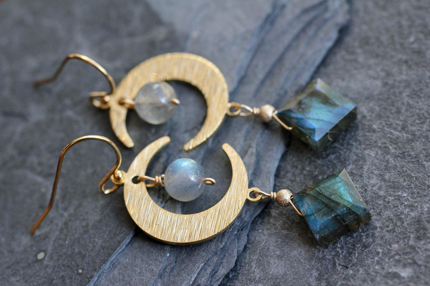 Labradorite Brass Moon Earrings