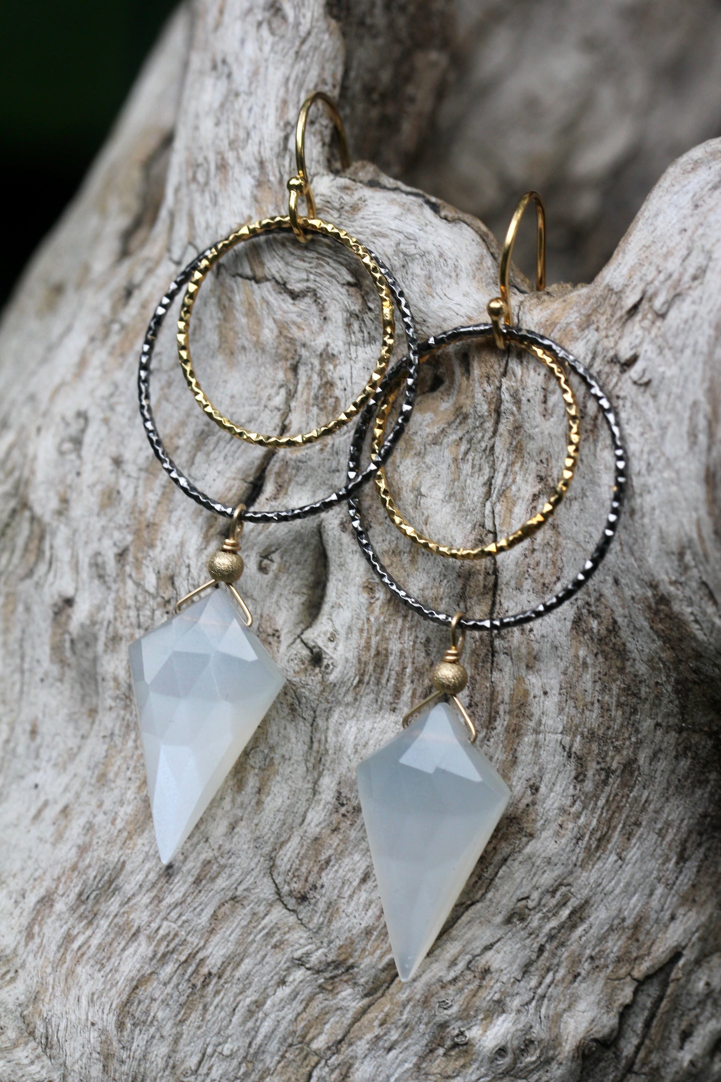 Moonstone Black and Gold Double Ring Drop Earrings