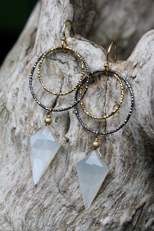 Moonstone Black and Gold Double Ring Drop Earrings