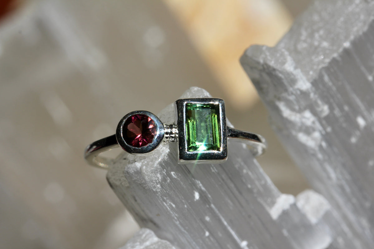 Pink and Green Tourmaline Silver Ring