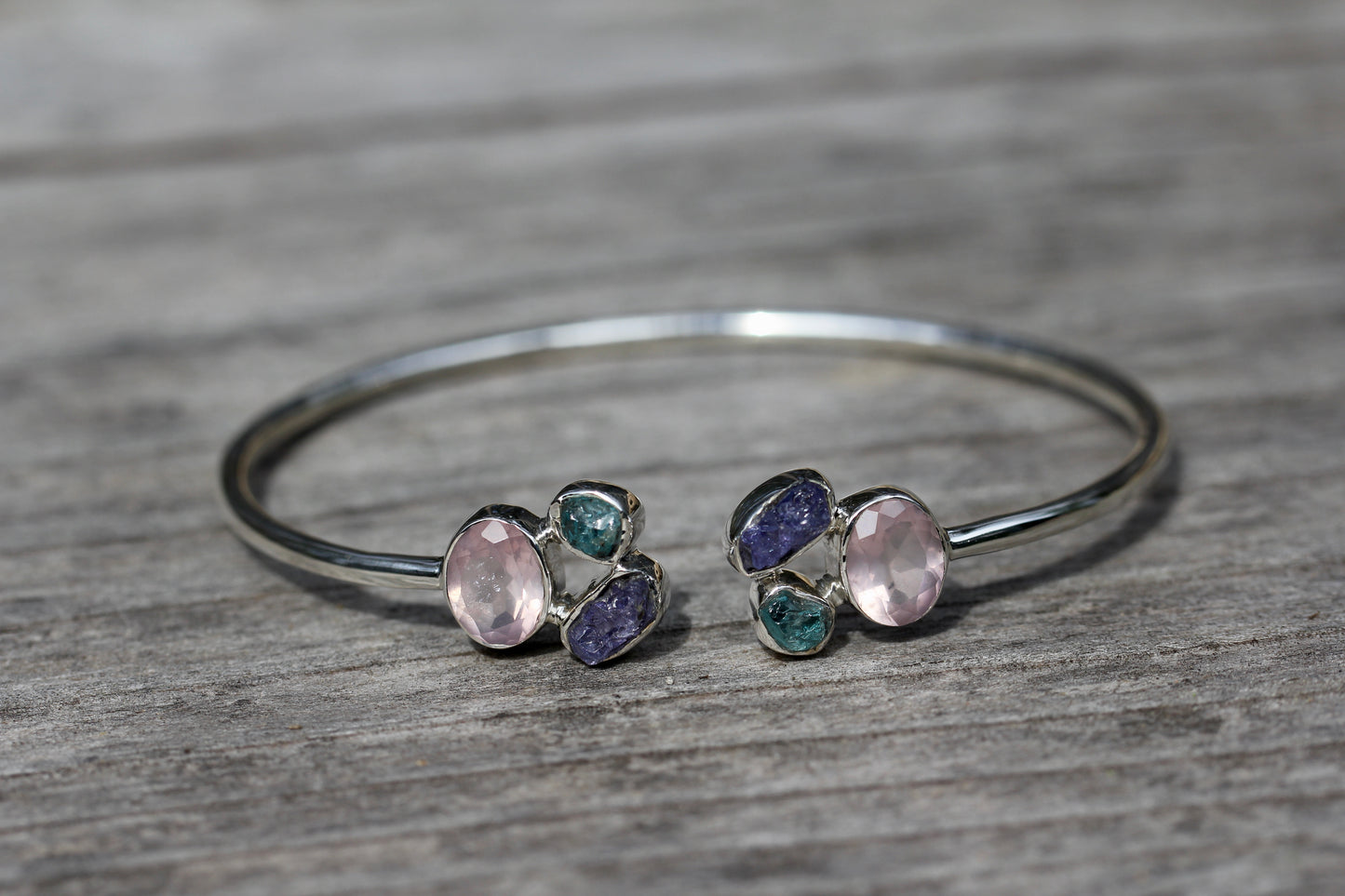 Rose Quartz Tanzanite Apatite Silver Flex Bracelet