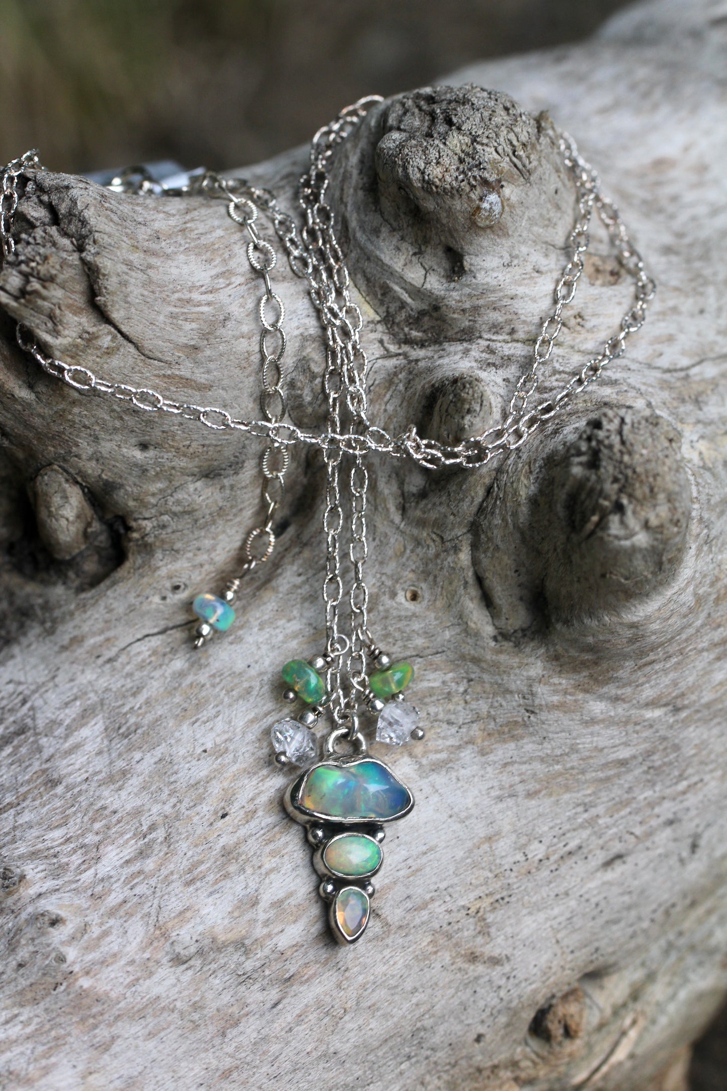 Ethiopian Opal Herkimer Diamond Droplet Silver Necklace