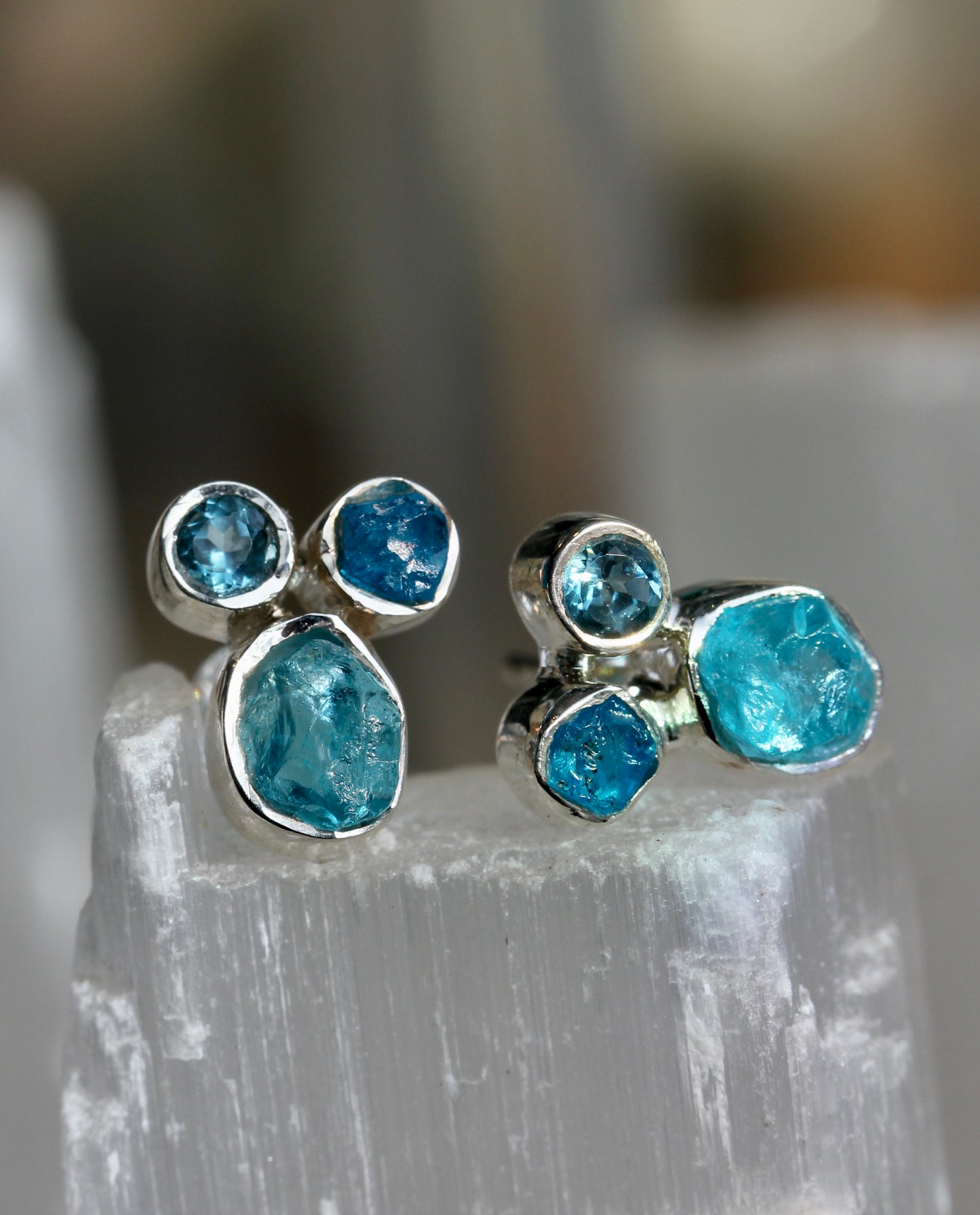 Blue Apatite Topaz Cluster Post Earrings